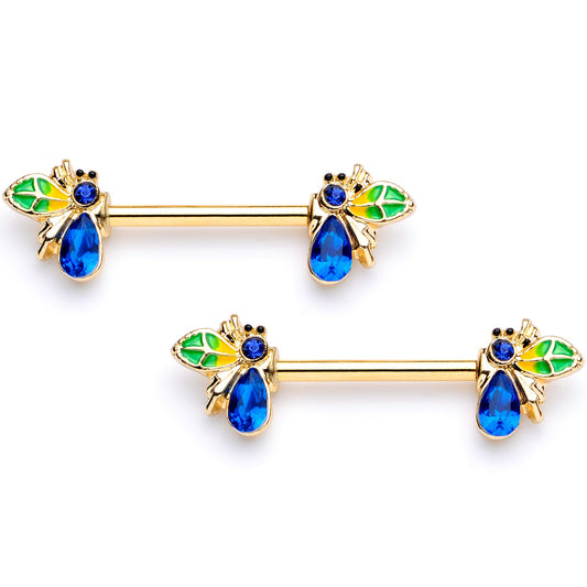 14G 9/16 Blue Gem Gold Tone Colorful Bee Barbell Nipple Ring Set