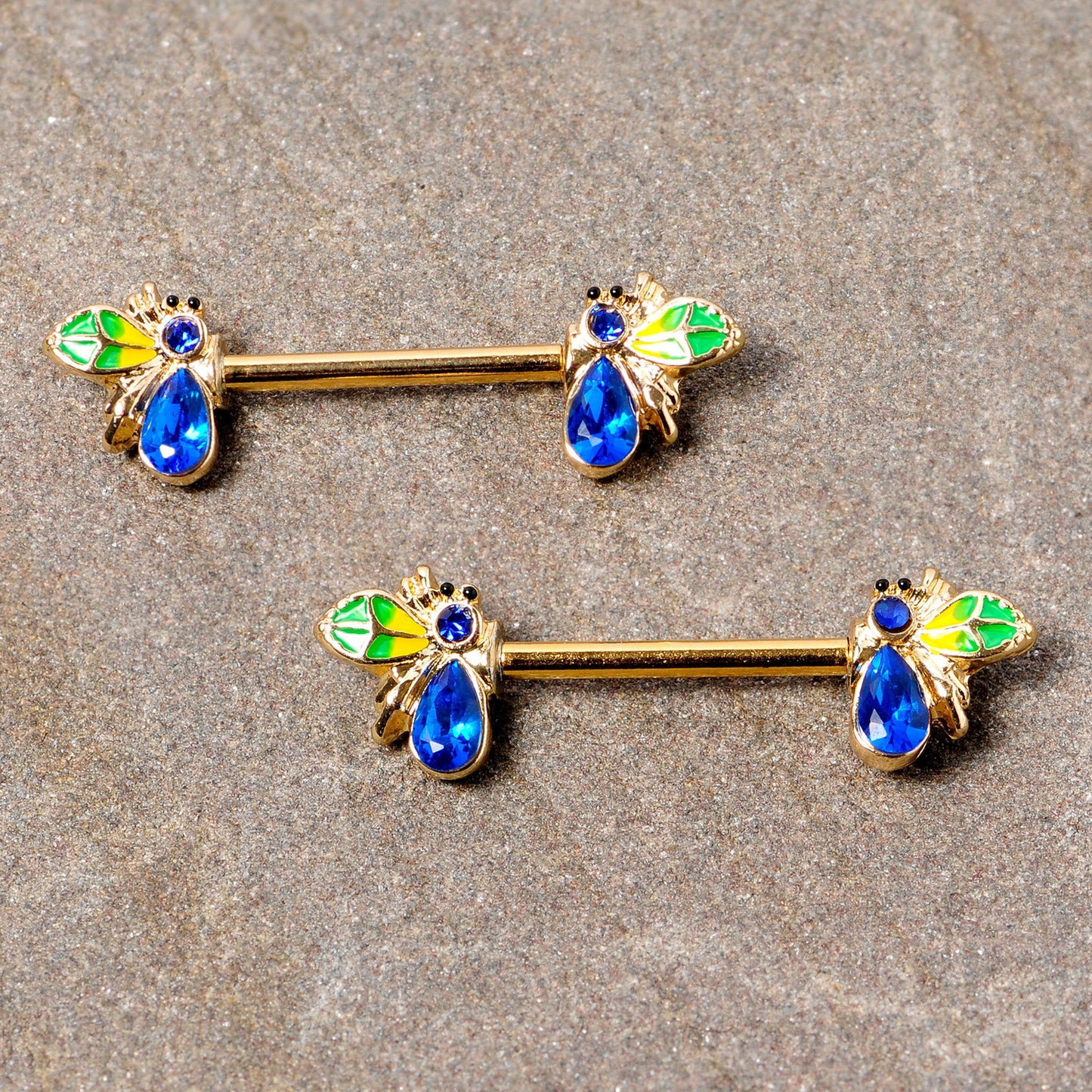 14G 9/16 Blue Gem Gold Tone Colorful Bee Barbell Nipple Ring Set