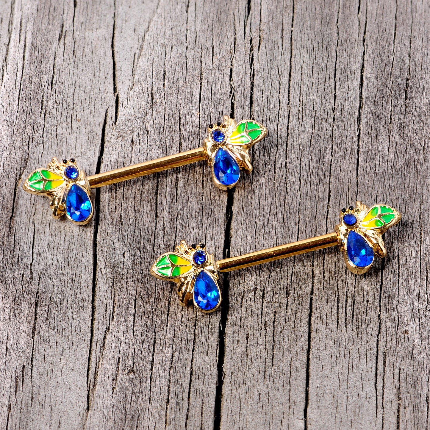 14G 9/16 Blue Gem Gold Tone Colorful Bee Barbell Nipple Ring Set