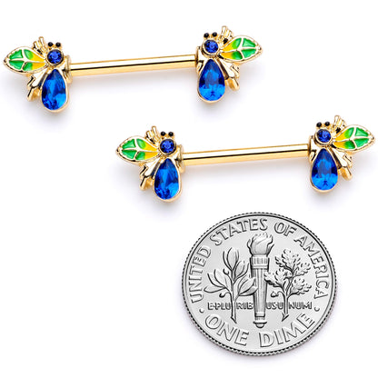 14G 9/16 Blue Gem Gold Tone Colorful Bee Barbell Nipple Ring Set
