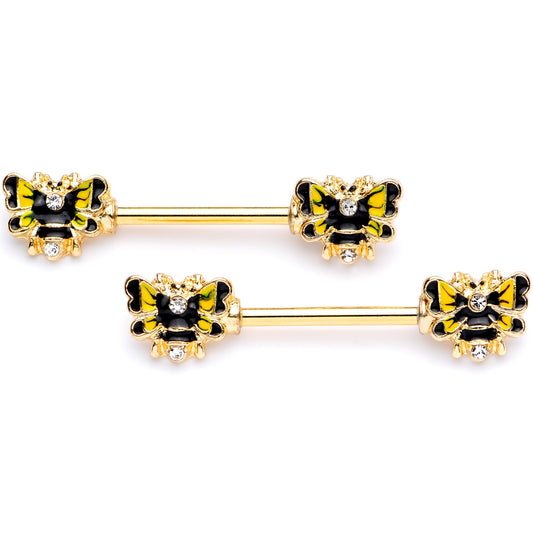 14G 9/16 Clear Gem Gold Tone Butterfly Barbell Nipple Ring Set
