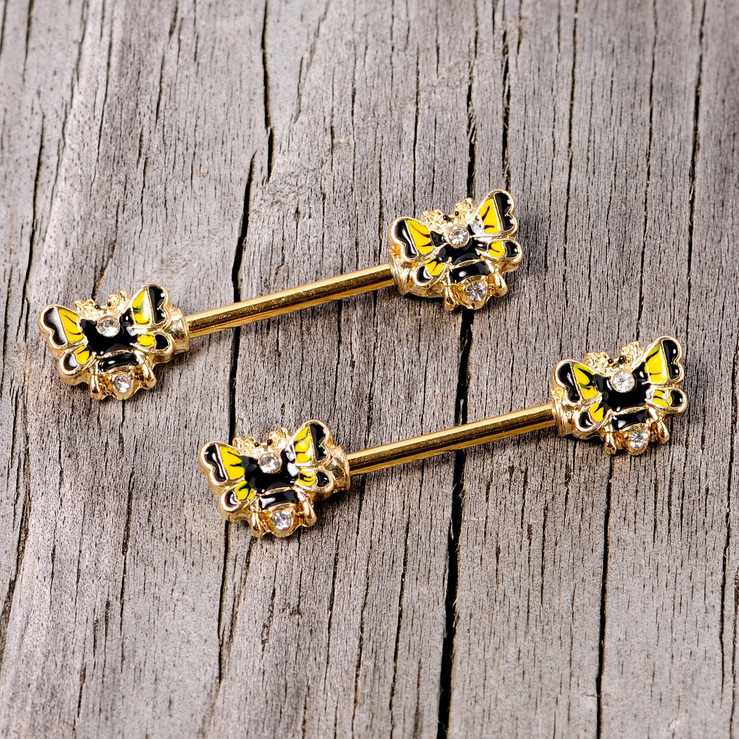 14G 9/16 Clear Gem Gold Tone Butterfly Barbell Nipple Ring Set