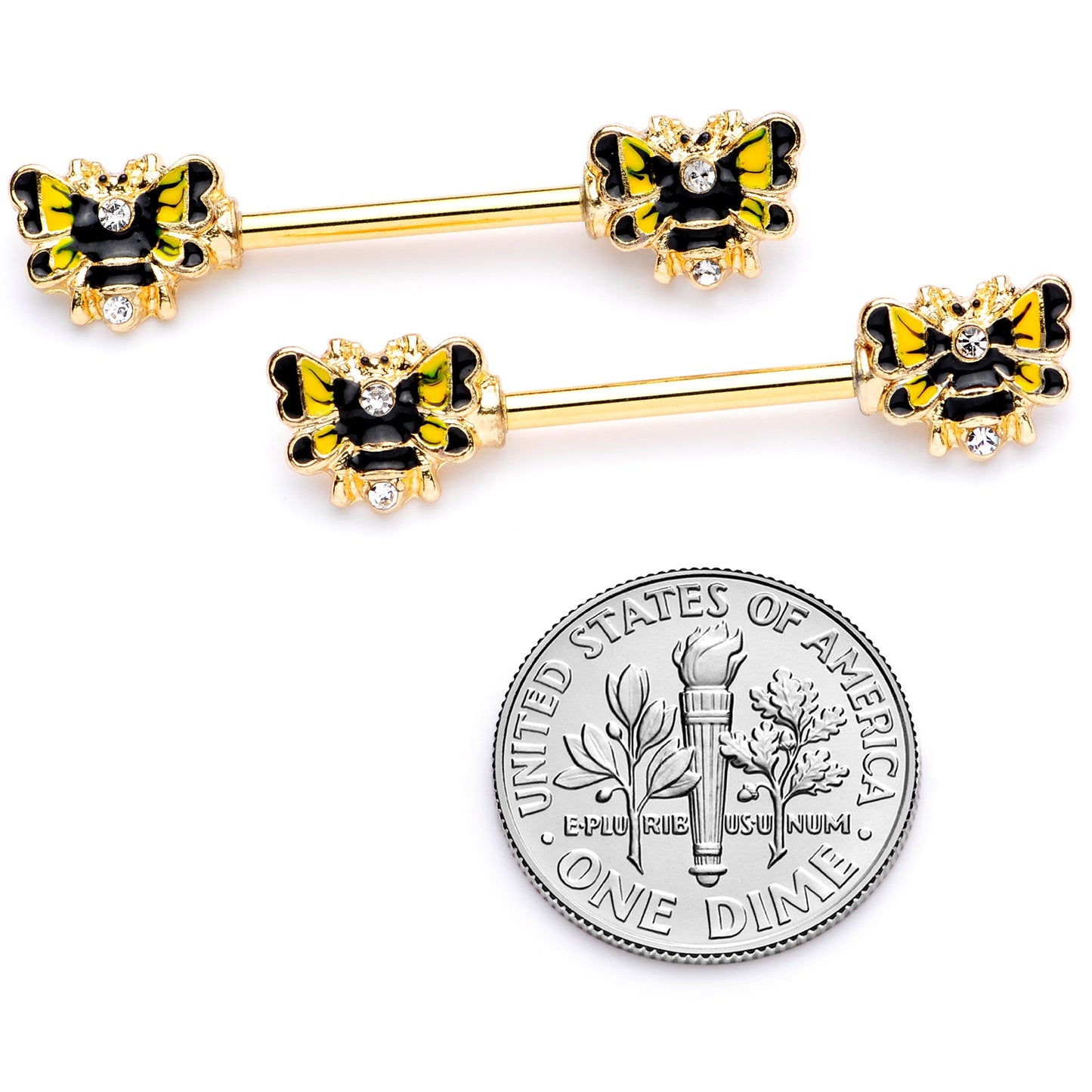 14G 9/16 Clear Gem Gold Tone Butterfly Barbell Nipple Ring Set