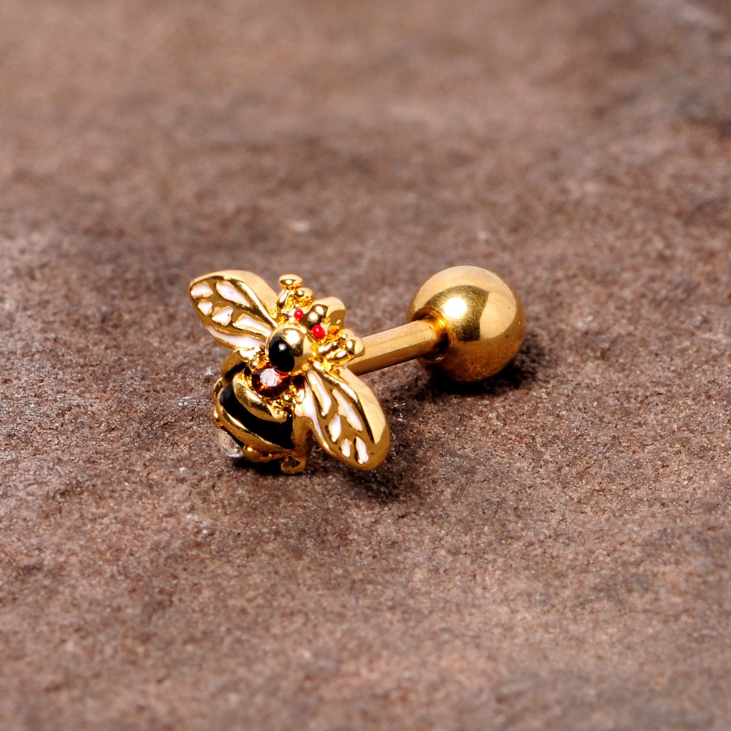 16G 1/4 Clear Black Gem Gold Tone Honey Bee Cartilage Tragus