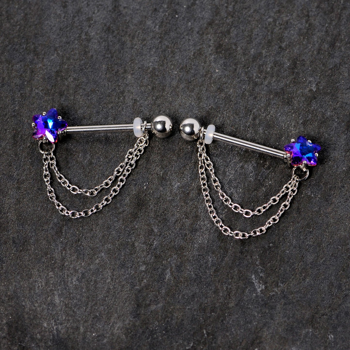 14G 5/8 Blue Purple Gem Star Chain Dangle Barbell Nipple Ring Set