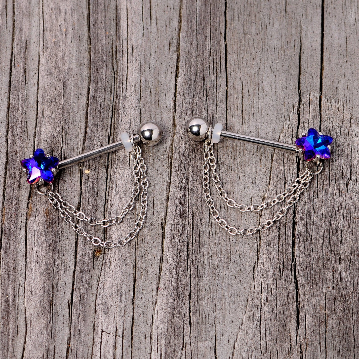 14G 5/8 Blue Purple Gem Star Chain Dangle Barbell Nipple Ring Set