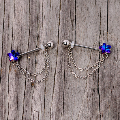 14G 5/8 Blue Purple Gem Star Chain Dangle Barbell Nipple Ring Set