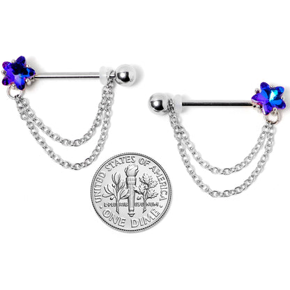 14G 5/8 Blue Purple Gem Star Chain Dangle Barbell Nipple Ring Set