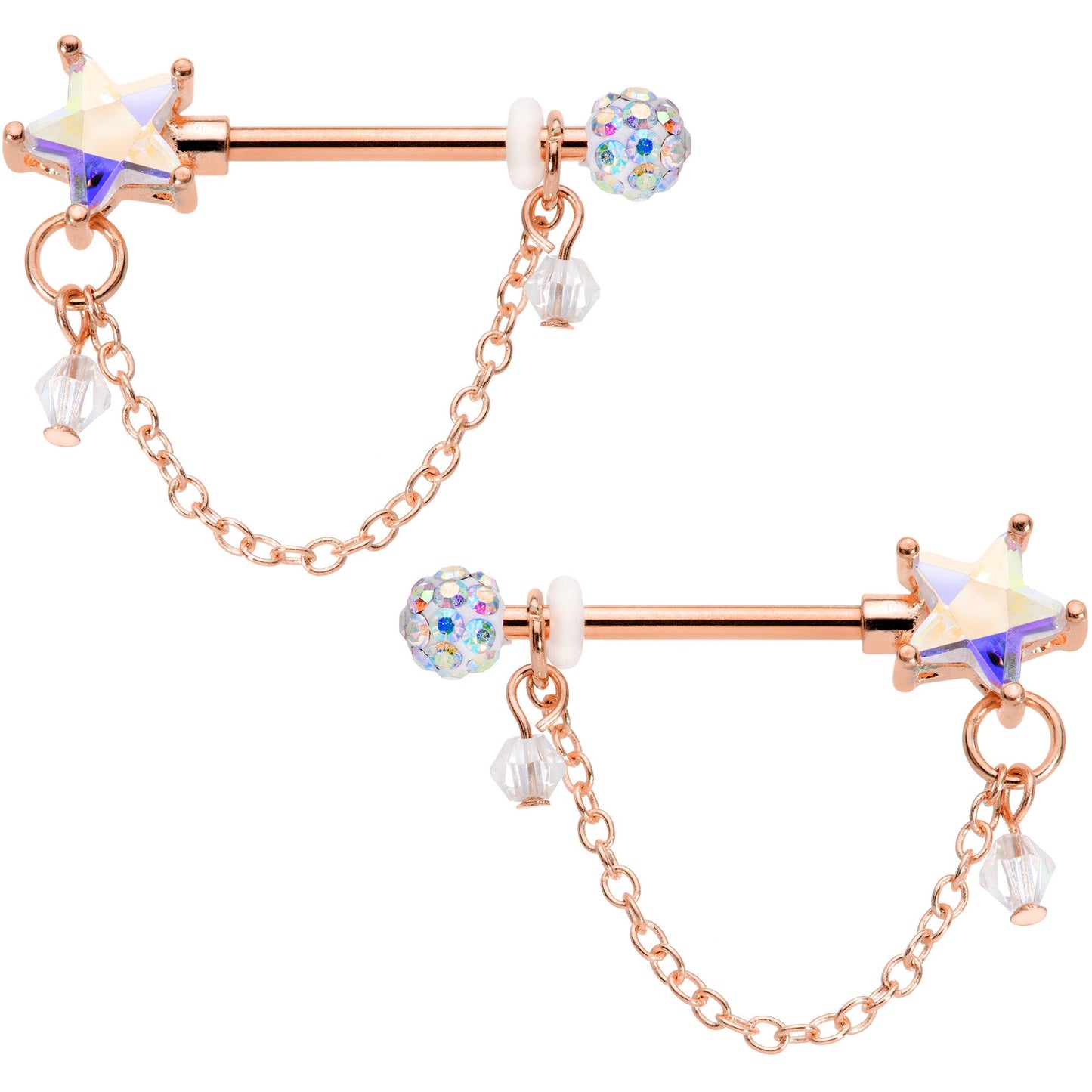 14G 5/8 Aurora Gem Rose Gold Tone Star Dangle Nipple Ring Set