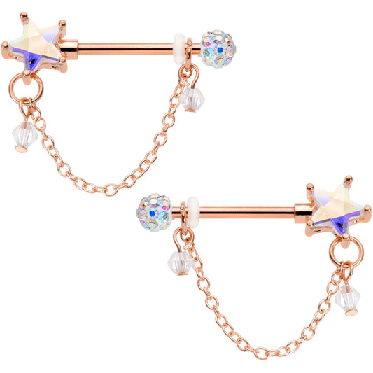 14G 5/8 Aurora Gem Rose Gold Tone Star Dangle Nipple Ring Set