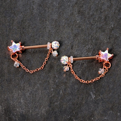 14G 5/8 Aurora Gem Rose Gold Tone Star Dangle Nipple Ring Set