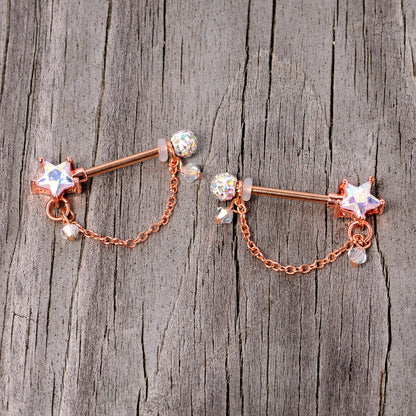 14G 5/8 Aurora Gem Rose Gold Tone Star Dangle Nipple Ring Set