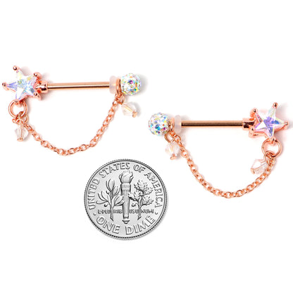 14G 5/8 Aurora Gem Rose Gold Tone Star Dangle Nipple Ring Set