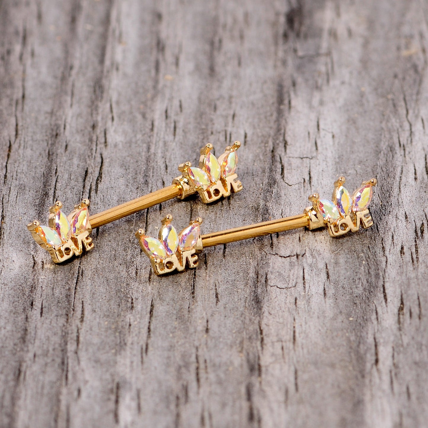 14G 9/16 Aurora Gem Gold Tone Crown Love Barbell Nipple Ring Set
