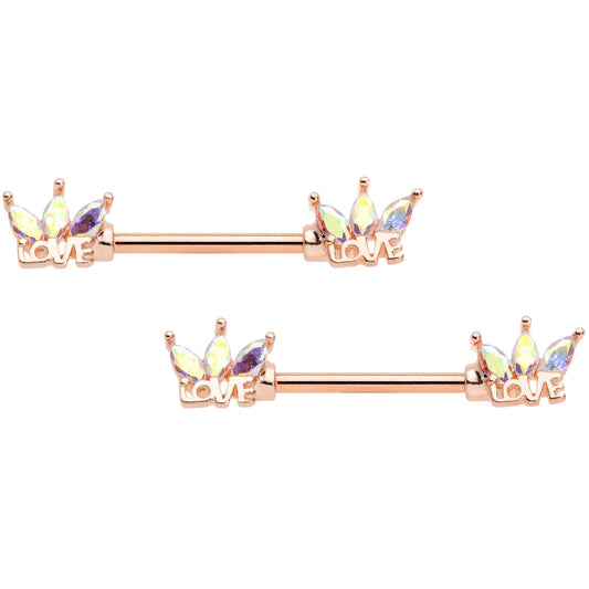 14G 9/16 Aurora Gem Rose Gold Tone Love Crown Barbell Nipple Ring Set