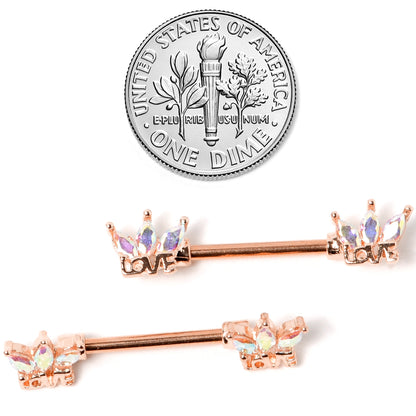14G 9/16 Aurora Gem Rose Gold Tone Love Crown Barbell Nipple Ring Set