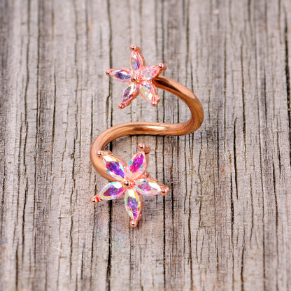 14G Aurora Gem Rose Gold Tone Star Flower Spiral Twister Ring