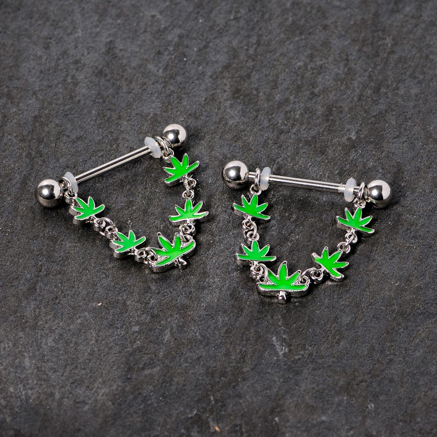 14G 5/8 Green Marijuana Pot Leaf Dangle Barbell Nipple Ring Set