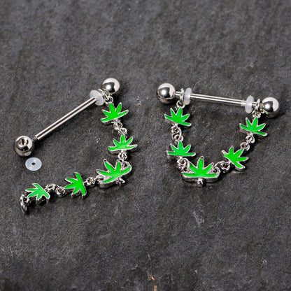 14G 5/8 Green Marijuana Pot Leaf Dangle Barbell Nipple Ring Set