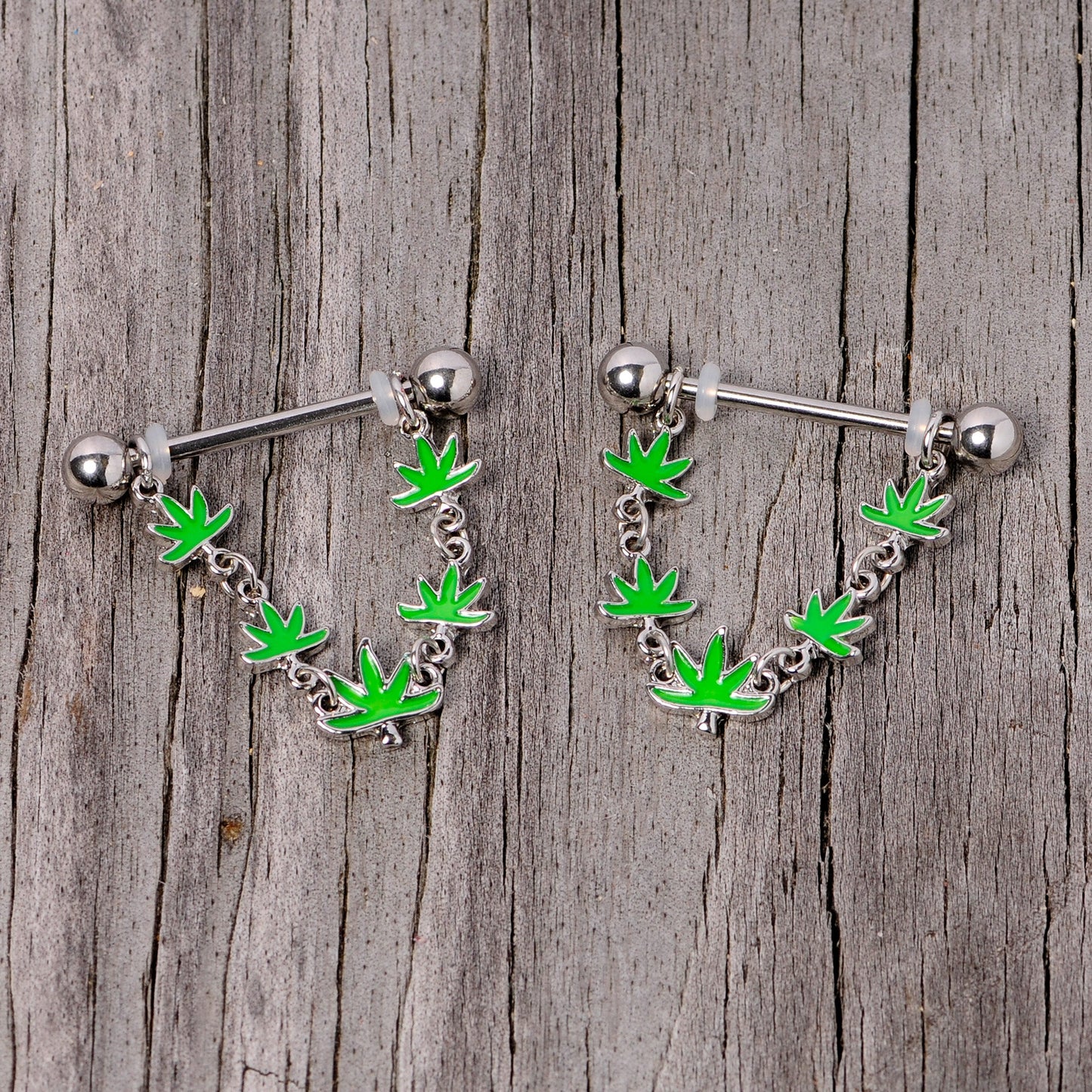 14G 5/8 Green Marijuana Pot Leaf Dangle Barbell Nipple Ring Set