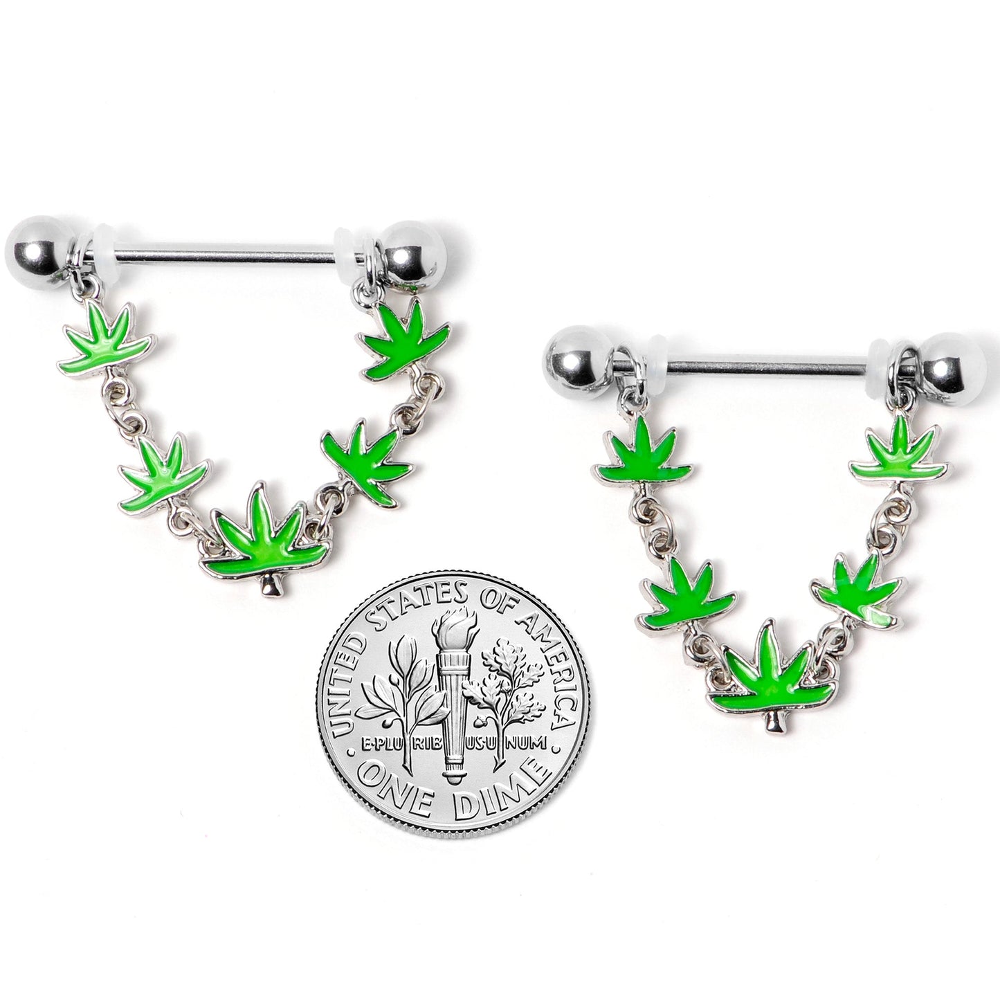 14G 5/8 Green Marijuana Pot Leaf Dangle Barbell Nipple Ring Set