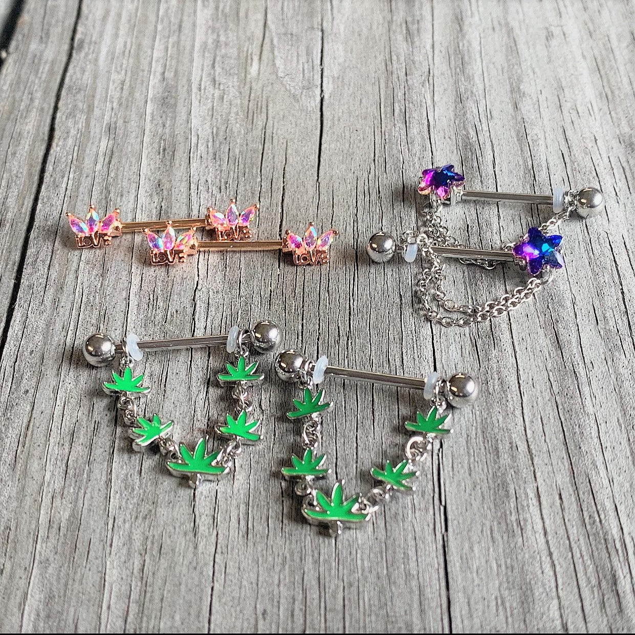 14G 9/16 Aurora Gem Rose Gold Tone Love Crown Barbell Nipple Ring Set