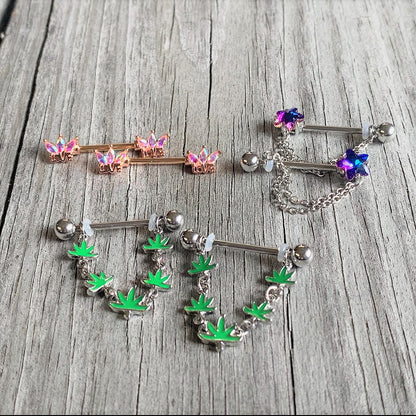 14G 9/16 Aurora Gem Rose Gold Tone Love Crown Barbell Nipple Ring Set