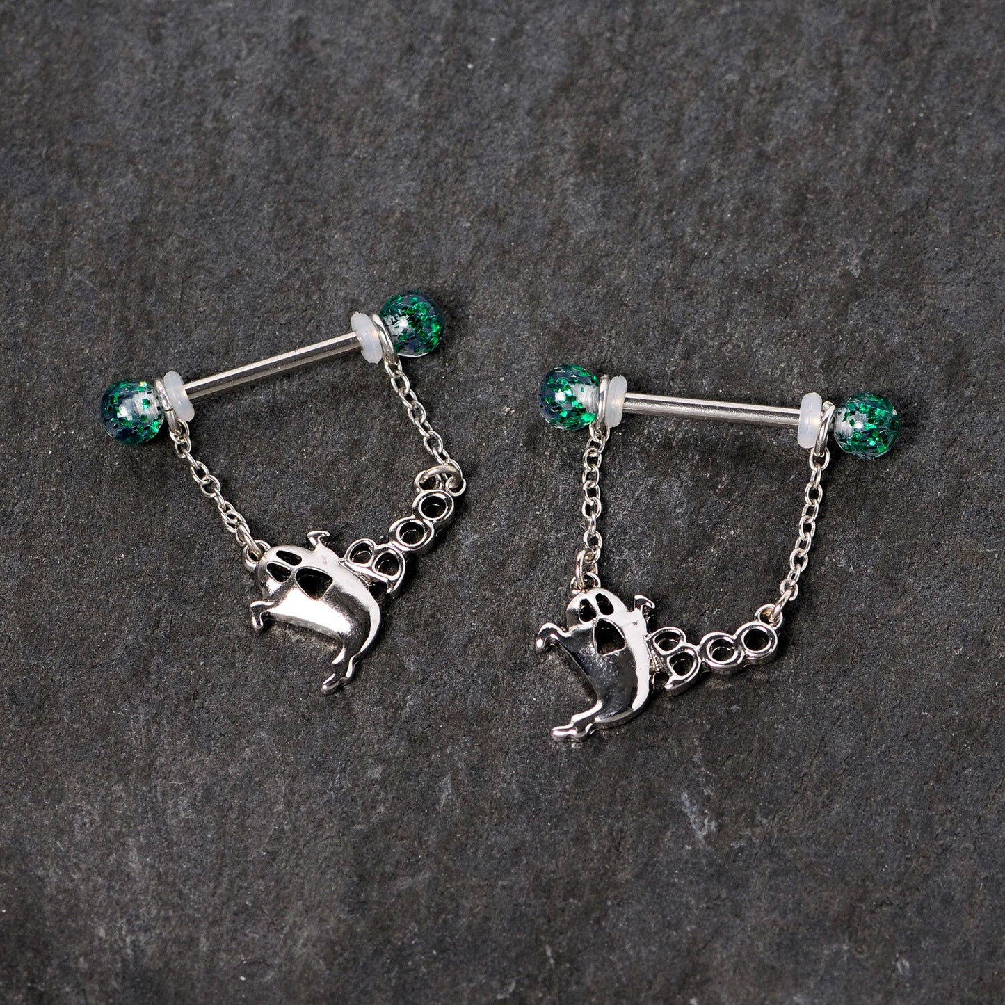 14G 5/8 UV Ball Boo Ghost Halloween Chain Dangle Nipple Ring Set