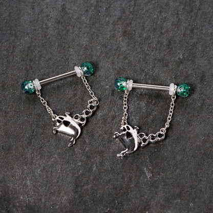 14G 5/8 UV Ball Boo Ghost Halloween Chain Dangle Nipple Ring Set