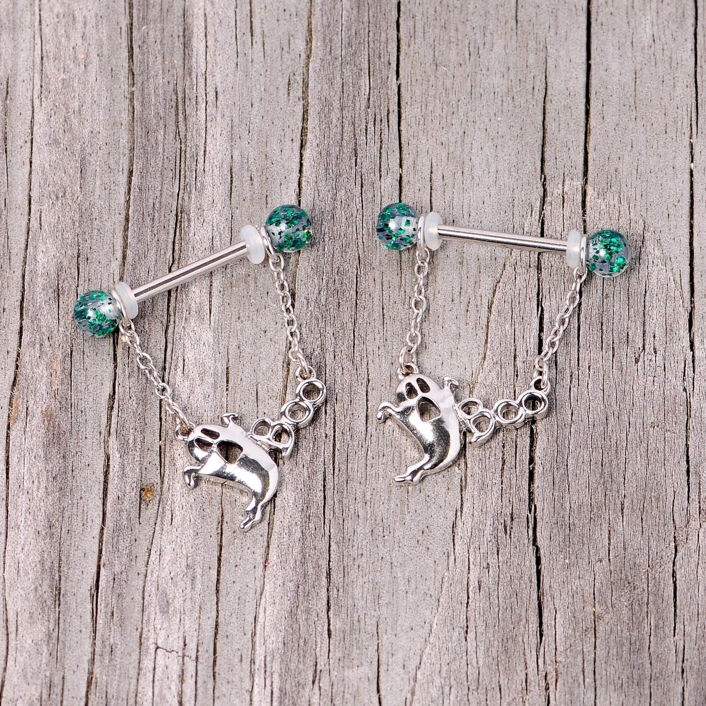 14G 5/8 UV Ball Boo Ghost Halloween Chain Dangle Nipple Ring Set