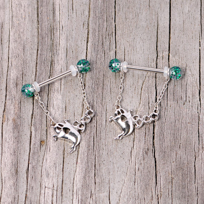 14G 5/8 UV Ball Boo Ghost Halloween Chain Dangle Nipple Ring Set