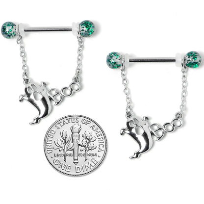 14G 5/8 UV Ball Boo Ghost Halloween Chain Dangle Nipple Ring Set