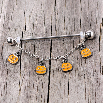 14G Pumpkin Patch Halloween Chain Dangle Industrial Barbell 38mm