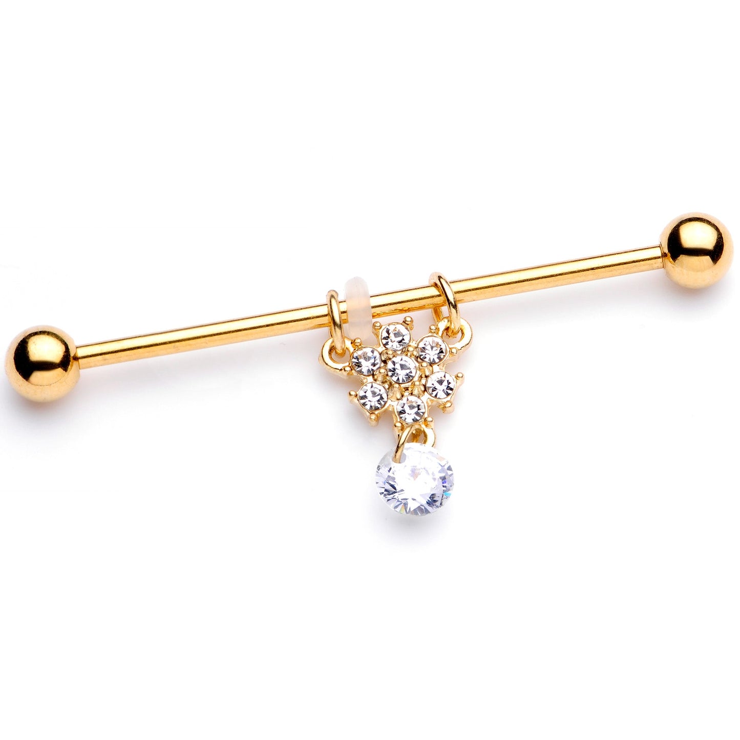14G Clear Gem Gold Tone Regal Crest Dangle Industrial Barbell 38mm