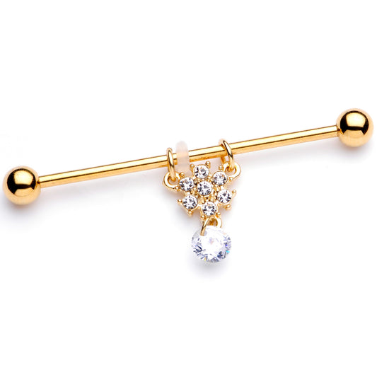14G Clear Gem Gold Tone Regal Crest Dangle Industrial Barbell 38mm