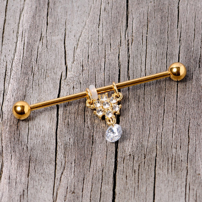 14G Clear Gem Gold Tone Regal Crest Dangle Industrial Barbell 38mm