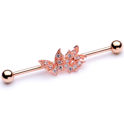 14G Clear CZ Gem Rose Gold Tone Butterflies Industrial Barbell 38mm