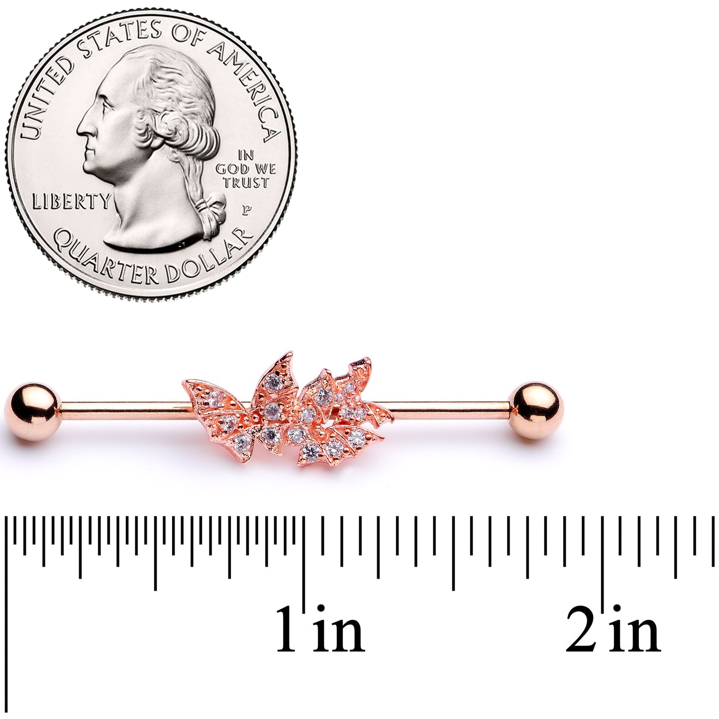14G Clear CZ Gem Rose Gold Tone Butterflies Industrial Barbell 38mm
