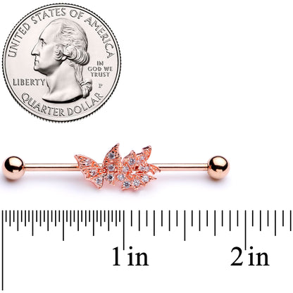 14G Clear CZ Gem Rose Gold Tone Butterflies Industrial Barbell 38mm