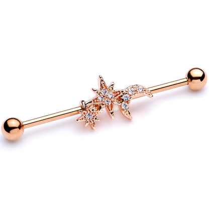 14G Clear CZ Gem Rose Gold Tone Moon Stars Industrial Barbell 38mm