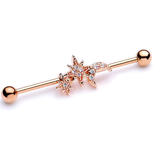 14G Clear CZ Gem Rose Gold Tone Moon Stars Industrial Barbell 38mm