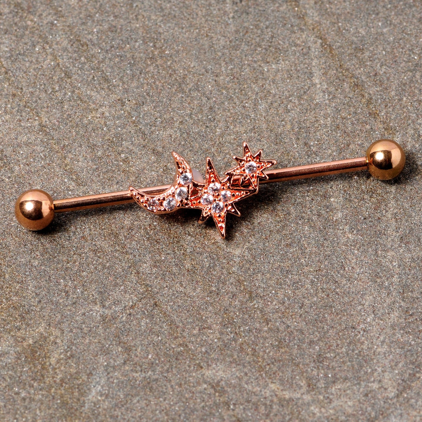 14G Clear CZ Gem Rose Gold Tone Moon Stars Industrial Barbell 38mm