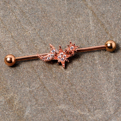 14G Clear CZ Gem Rose Gold Tone Moon Stars Industrial Barbell 38mm