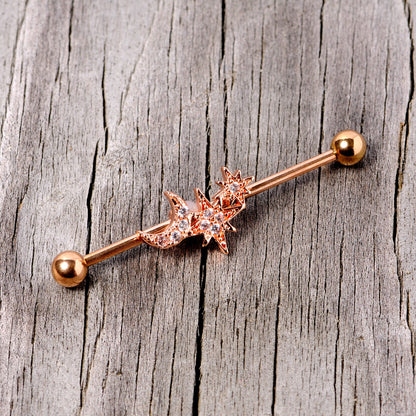 14G Clear CZ Gem Rose Gold Tone Moon Stars Industrial Barbell 38mm