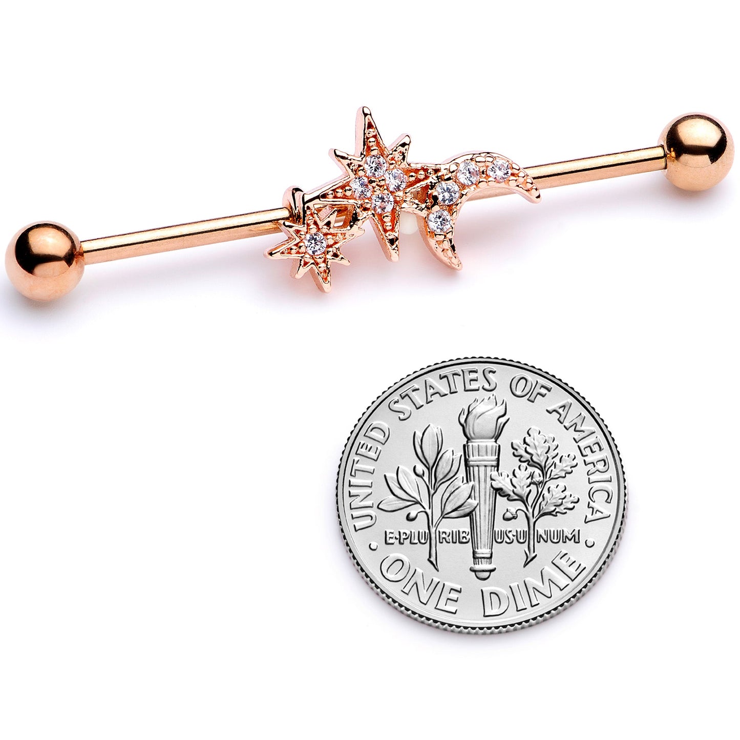 14G Clear CZ Gem Rose Gold Tone Moon Stars Industrial Barbell 38mm