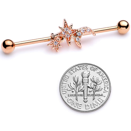 14G Clear CZ Gem Rose Gold Tone Moon Stars Industrial Barbell 38mm