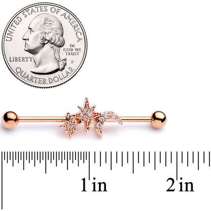14G Clear CZ Gem Rose Gold Tone Moon Stars Industrial Barbell 38mm