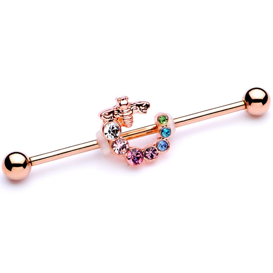 14G Multicolor Gem Rose Gold Tone Bee Industrial Barbell 38mm