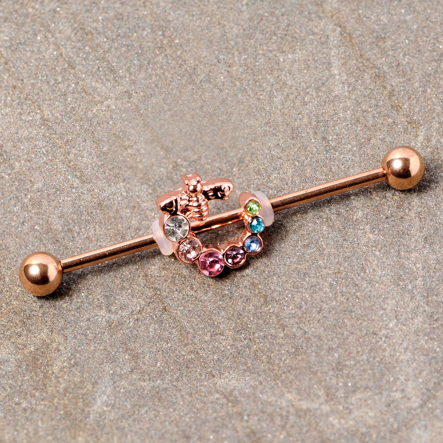 14G Multicolor Gem Rose Gold Tone Bee Industrial Barbell 38mm