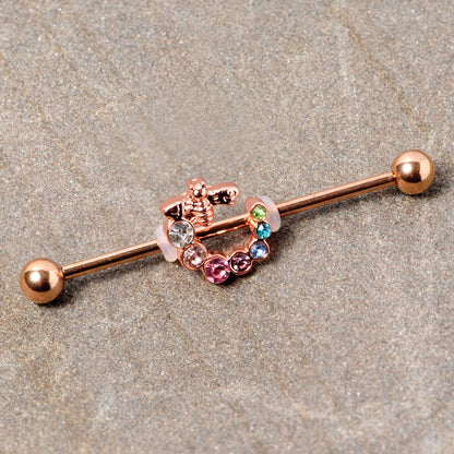 14G Multicolor Gem Rose Gold Tone Bee Industrial Barbell 38mm